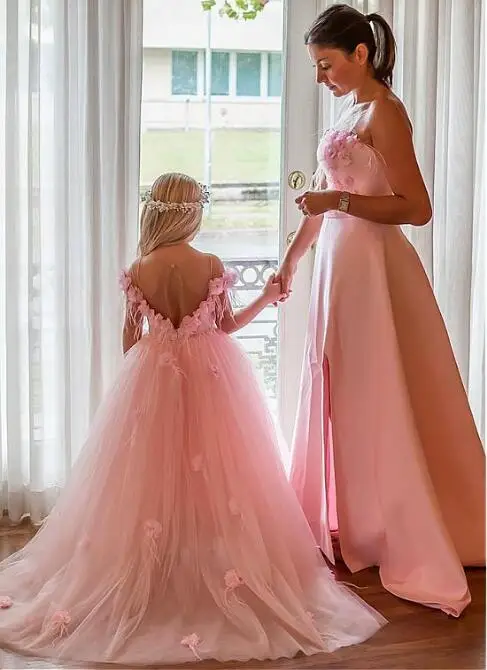 

New Pink Sweet Flower Girl Dresses for Wedding Short Front Long Back Satin with Tulle Appliques Straps Party Any Size