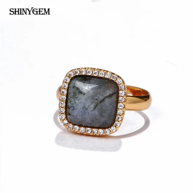 ShinyGem Natural Black Labradorite Stone Ring Big Labradorite Cabochon Fashion Love Ring Adjustable Gold Wedding Rings For Women