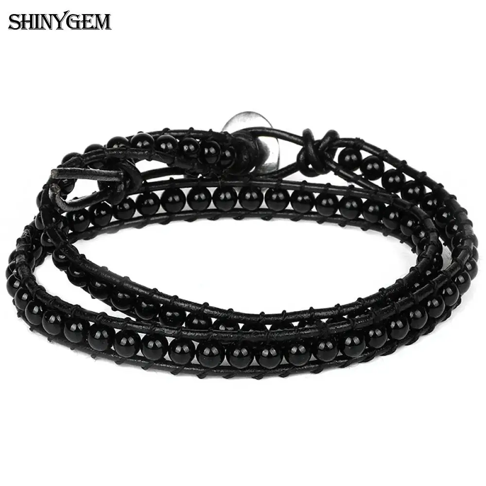 

ShinyGem Fashion Rhinestone Bracelets 4mm Agates Crystal Natural Stone Double Loop Bracelets Handmade Leather Wrap Men Bracelets