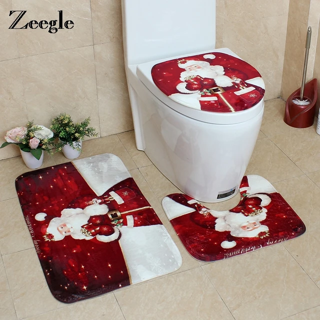 Zeegle 3PCS Bath Toilet mat Sets Bathroom Christmas Non-Slip Floor Mat Lid Toilet Cover Toilet Mat Set Home Decoration Mat