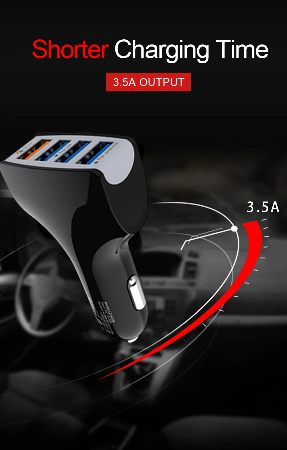 Car Charger QC3.0 4USB Charging For Mobile Phone Tablet CE FCC ROHS Certification 12V-24V-32V 3.5A Fast  Chargers For Car Truck (2)