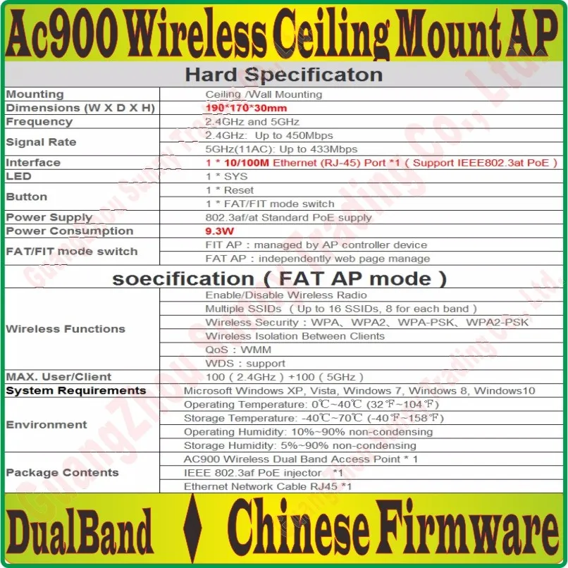 2.4g5g Dual Band Беспроводной AP 900 Мбит/с ac900 indoor потолка AP 802.11bgn 11ac точка доступа Wi-Fi, с POE инжектор, 100 м RJ45 Порты и разъёмы