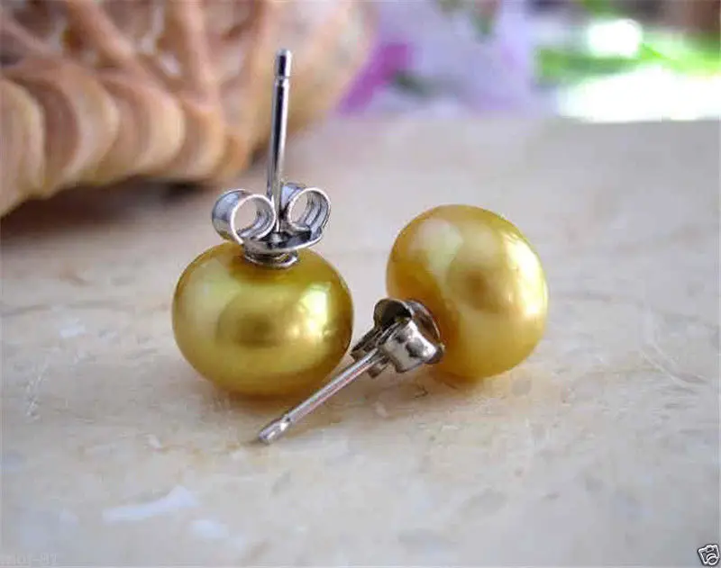 

women Fashion Jewelry Free shipping Genuine 7-8mm Yellow Freshwater Pearl Sterling Silver Stud Earring