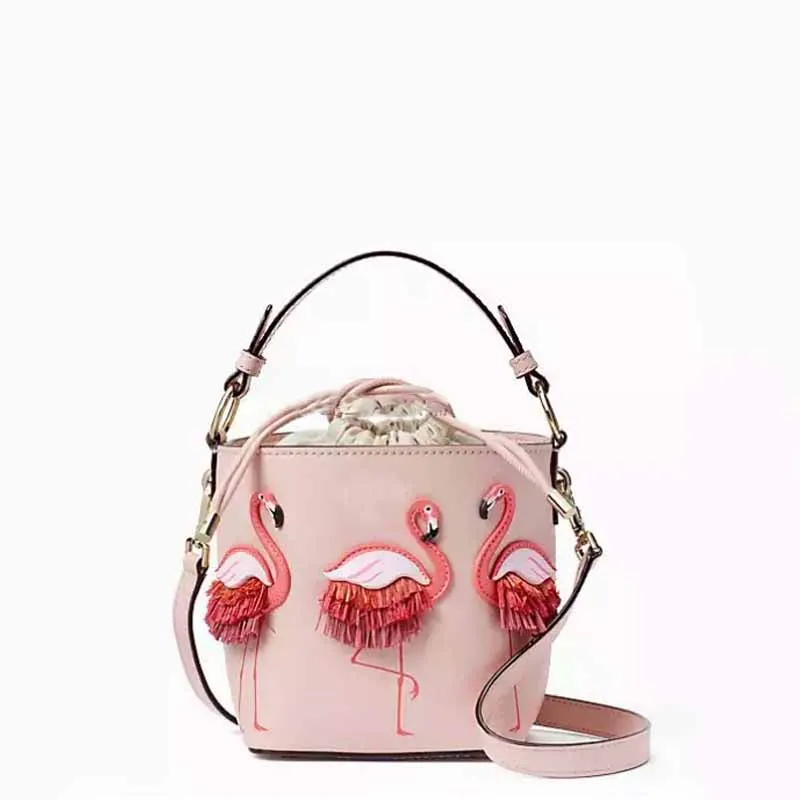 

XCZJ Handmade Lace Flamingos Printing Drawstring Bucket Bags Pink PU Leather Shoulder Bags Unique Design Style Cross Body Totes