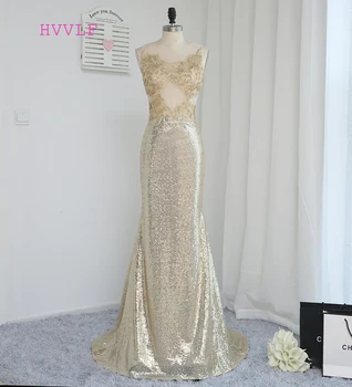 

HVVLF 2019 Cheap Bridesmaid Dresses Under 50 Mermaid Scoop Champagne Sequins See Through Wedding Party Dresses