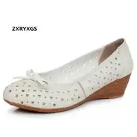 ZXRYXGS Brand Shoes Woman Summer Sandals Flat Wedges Sandals 2019 New White Cowhide Hollow Bow Summer Leather Sandals Large Size