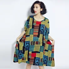 [[EWQ] 2019 Mới Thời Trang Xuân Hè Rời Size Lớn Váy In Hình Nữ Áo Thun Nữ Tay Ngắn In Hình Cotton Linen quần áo Đầm Vestido YF752(China)