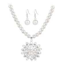 Luxury Simulated Pearls Necklace Earrings Set Crystal Flower Pendant Necklace Women Wedding Party Jewellery Brand New Accessorie