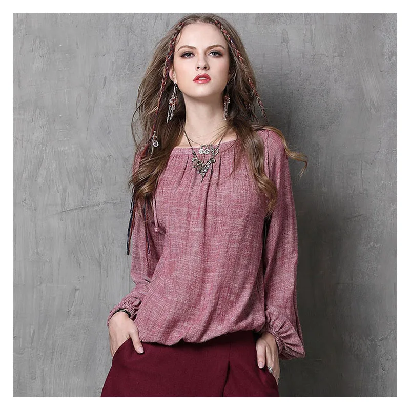 

Famous brand spring summer women's clothing new cotton and linen lanterns sleeve ladies shirt retro drawstring lace shirt women