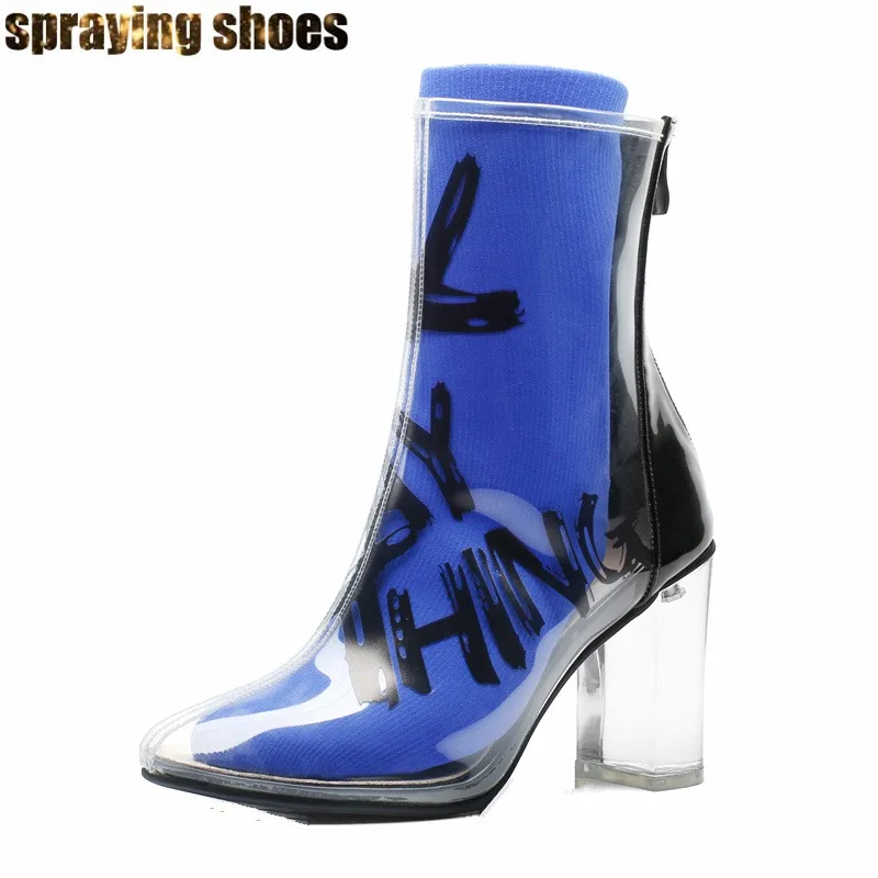 

Letters Graffiti Print Jelly Shoes Transparent PVC Ankle Boots For Women Sexy Crystal Heels Fashion Pointy Toe Ladies Rain Boots