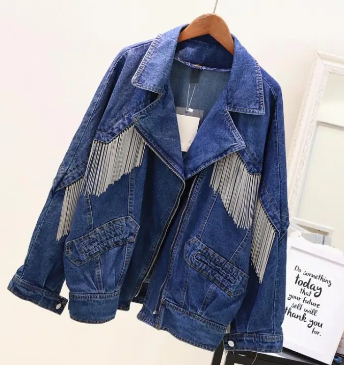 wonderful  2018 New Spring Autumn Women's Loose Chain Tassel Denim Jacket Blue Cowboy Coat Female Students Cas