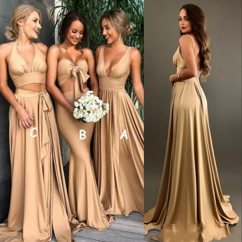

Sexy Gold Bridesmaid Dresses A Line V Neck Long Boho country beach Maid of Honor Gowns Plus Size Wedding Guest Wears
