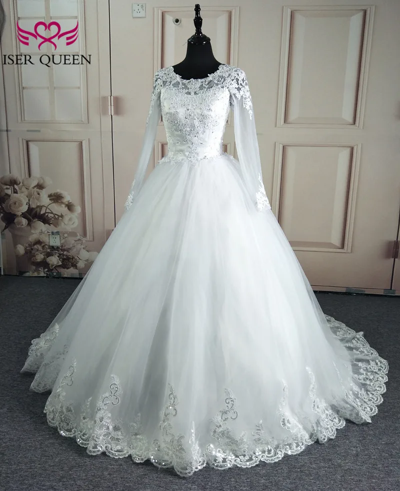 Яркое кружевное бальное платье с блестками, свадебные платья, новинка, полный рукав, вышивка, Аппликации, шлейф, свадебные платья для невесты W0049
