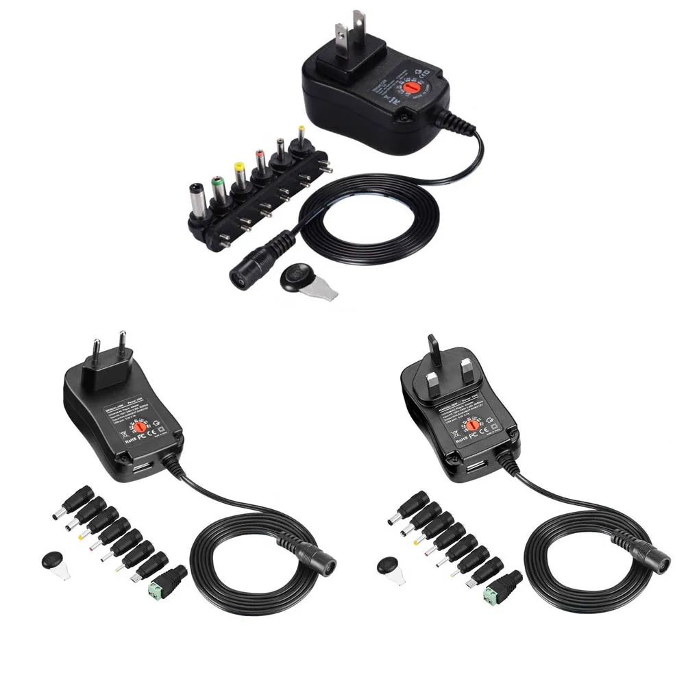 

30W AC/DC 3-12V Adjustable Power Adaptor Supply 6pcs DC Tips 1.3m Cable USB Charging Port 5V 2.1A
