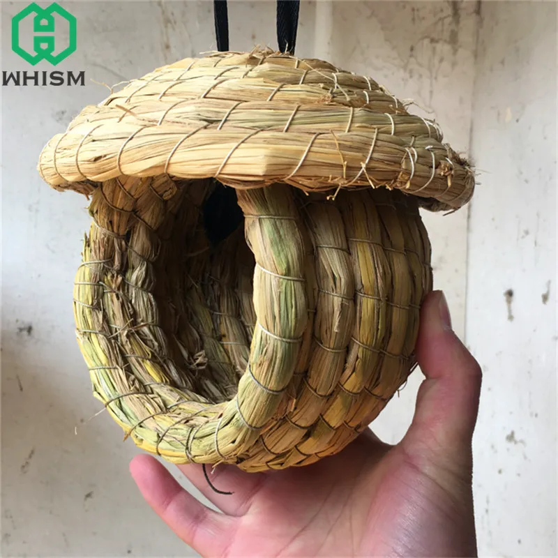 WHISM Nature Straw Bird House Handmade Birds Nest Hanging Parrot Cages