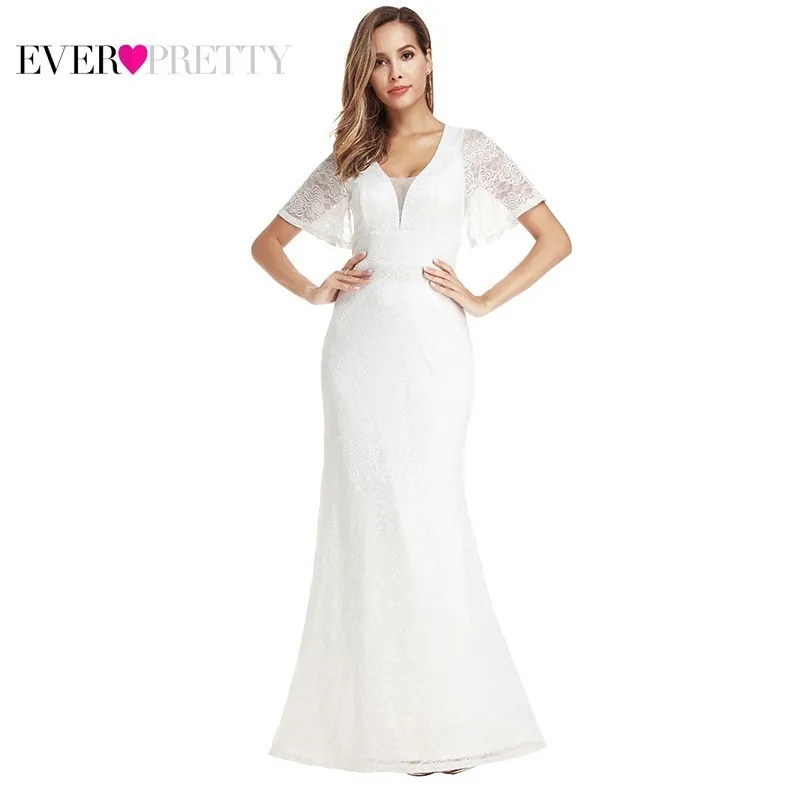 Ever Pretty элегантные кружевные свадебные платья русалки с v-образным вырезом и коротким рукавом на молнии, сексуальные дешевые свадебные платья EP00917WH Vestido De Noiva - Цвет: White