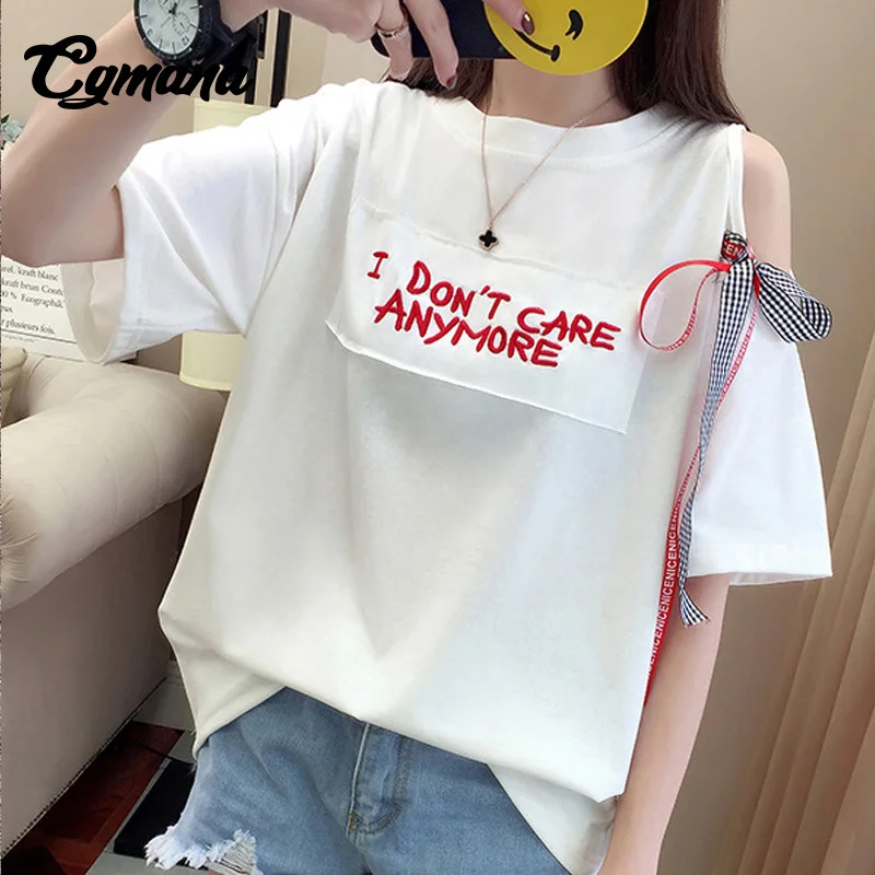 CGmana T Shirt Women 2018 Letter Printed Cotton T-shirt Female Strapless Ribbon Loose Short-Sleeved Women T-shirt Casual Top Tee Tops