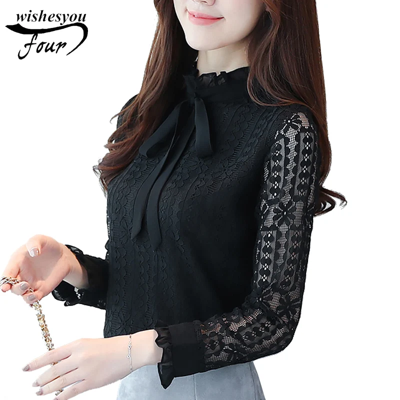 

2018 fashion plus size long sleeves women clothing lace women blouse blusas casual bow neck women shirts clothes tops C871 30