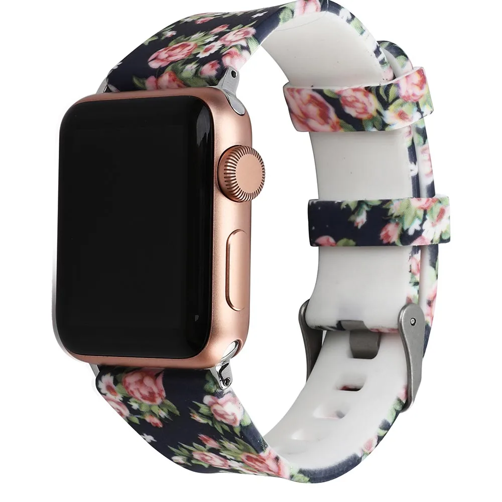 Ремешок силиконовый для Apple watch Series 6 5 4 3 2 1 SE браслет с цветочным принтом iWatch 38 мм 42