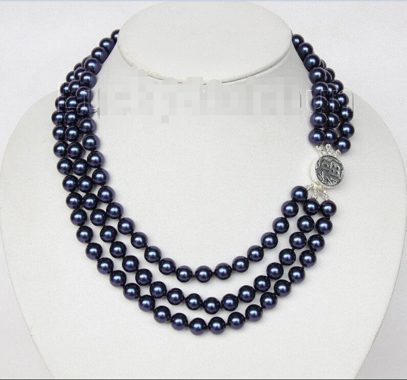 

shipping 16" 3row 8mm round navy blue sea shell pearls necklace 925 silver clasp j9583