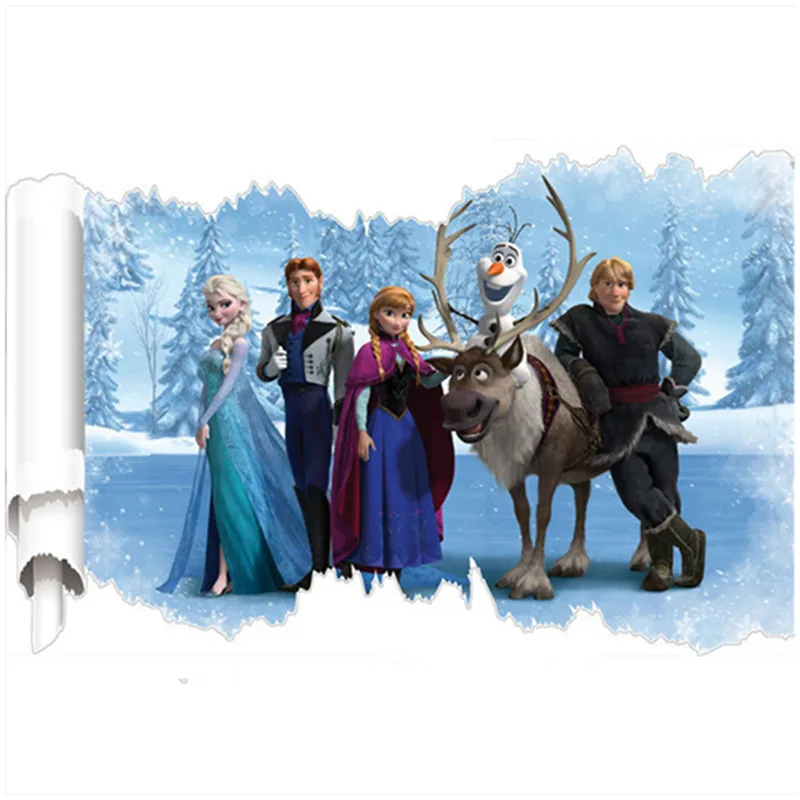 

Princess movie wall decals Anna Elsa Olaf 3d fake scroll vinyl painting stickers girl room decoration cartoon wallpaper 70*50cm
