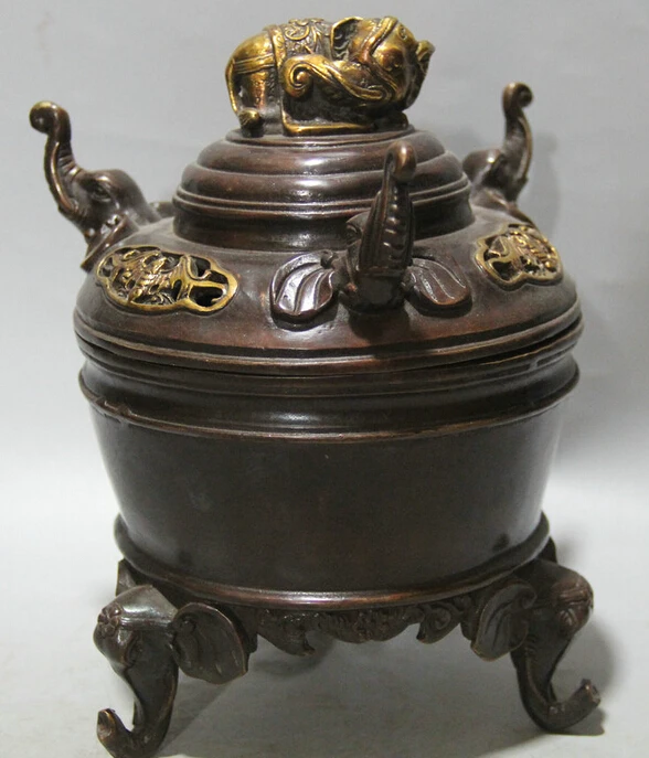 

8" Chinese Dyansty Bronze 3 Foot Elephant Zun chiropter Incense Burner Censer R0710
