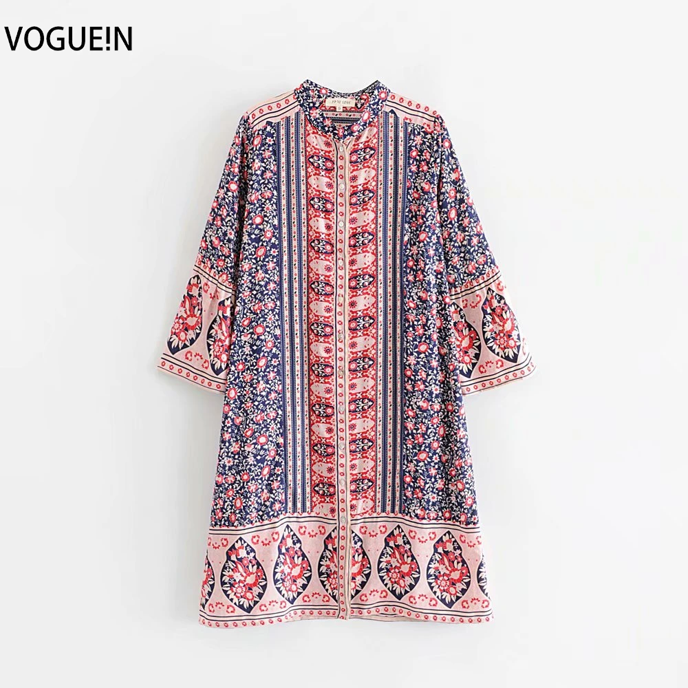 

VOGUEIN New Womens Retro Ethnic 3/4 Sleeve Lilac Floral Print Beach Boho Midi Dress Wholesale