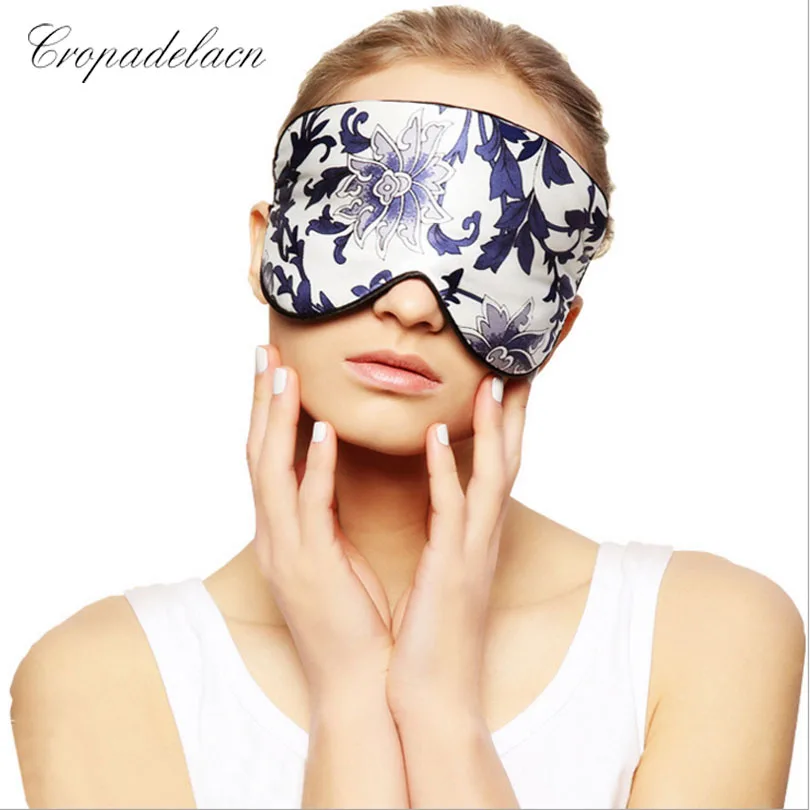 Высококлассная шелковая переносная маска для сна синего и белого цвета, мягкая маска для отдыха, повязка для глаз, маска для сна, чехол MR097