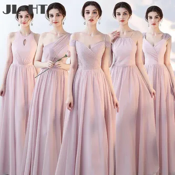 

Sweet Pink Bridesmaids Dresses A-Line Sleeveless Backless Long Ruffles Mismatched Chiffon New Bridesmaids Dress Plus Size