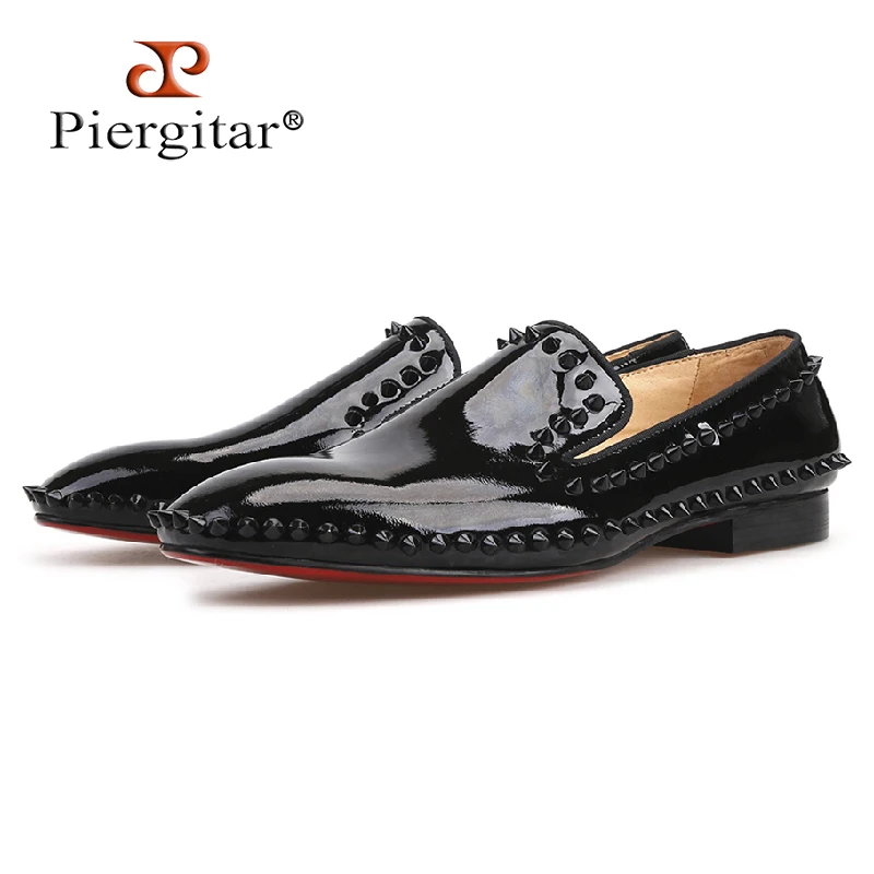 

Piergitar 2018 new arrival Handmade Black Patent Leather men spiked shoes party and wedding red bottom men's loafers big size