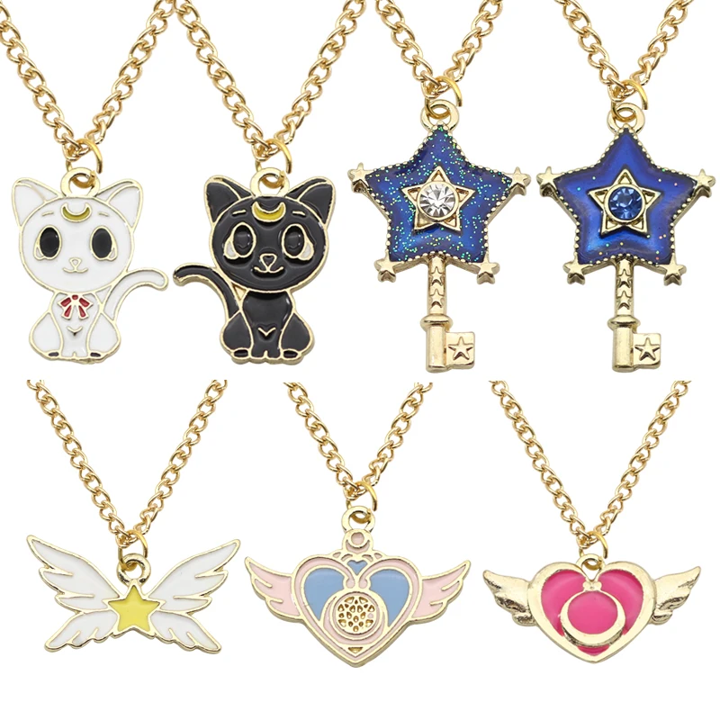 

Sailor Moon Necklace Lovely Enamel Crystal Stars Wings Cat Star Key Heart Wings Charm Necklaces Pendants Anime Jewelry Colar