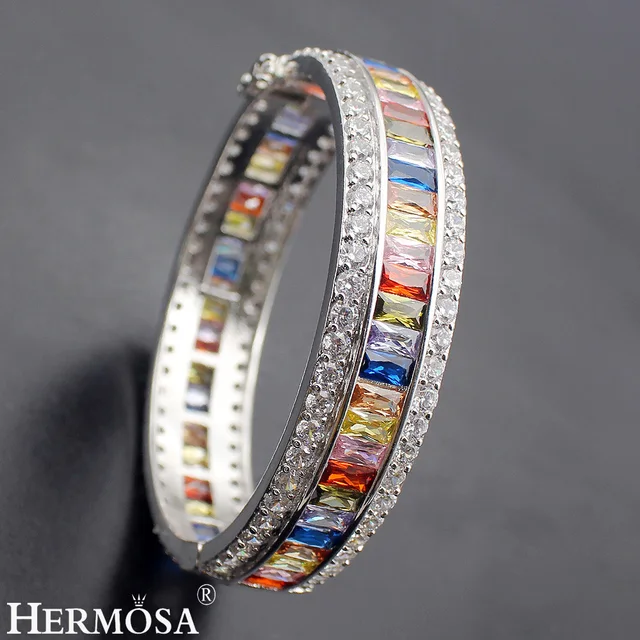 Shiny XMAS GIFT Fashion Rainbow Zircon 925 Sterling Silver Cuff Bangle