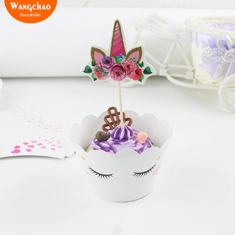 

24pcs/lot Unicorn Unicornio Cake Wrapper Happy Birthday Cake Topper Paper Cup Party Supplies Decoration Kids Cupcake Baby Shower