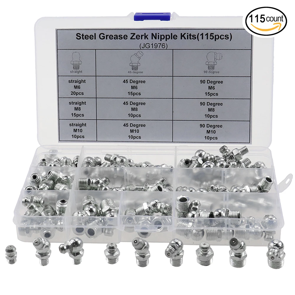 

115pcs 90 Degree and 45 Degree and Straight Type M6 M8 M10 Metric Size Hydraulic Zerk Grease Nipple Fitting