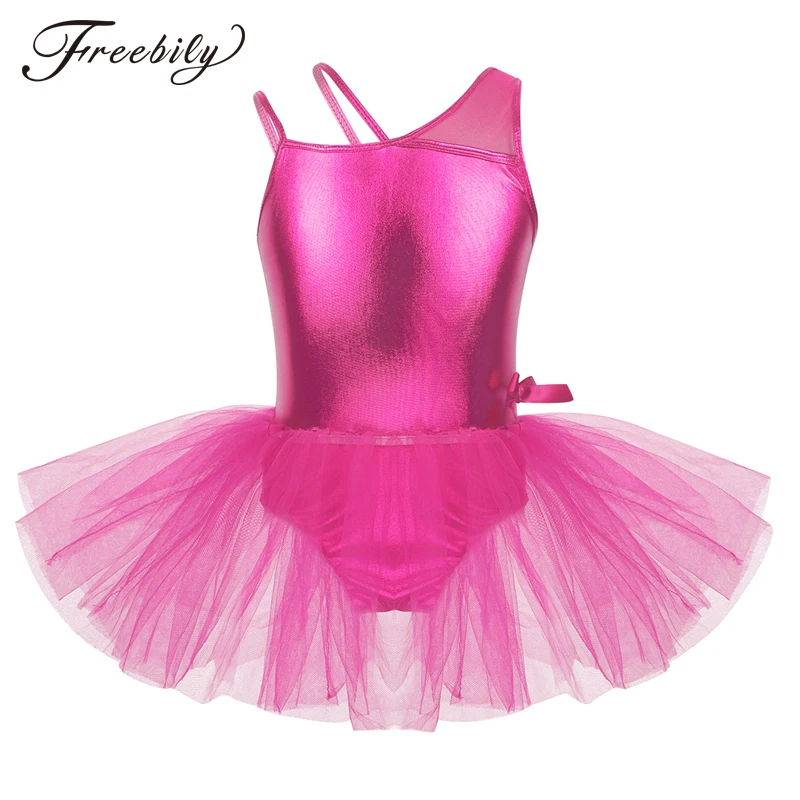 

Kids Girls Professional Ballet Tutu Dress Glossy One Shoulder with Mesh Splice Bowknot Ballet Dancing Gymnastics Leotard Dress