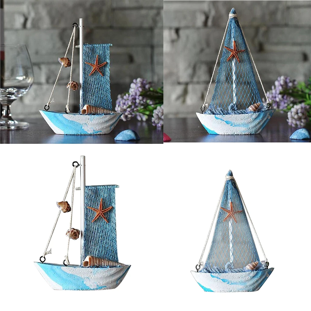 

2Pcs Nautical Decor Wood Ornaments Home Tabletop Seagull/Conch/Boat/Starfish, Pirate Ship Model