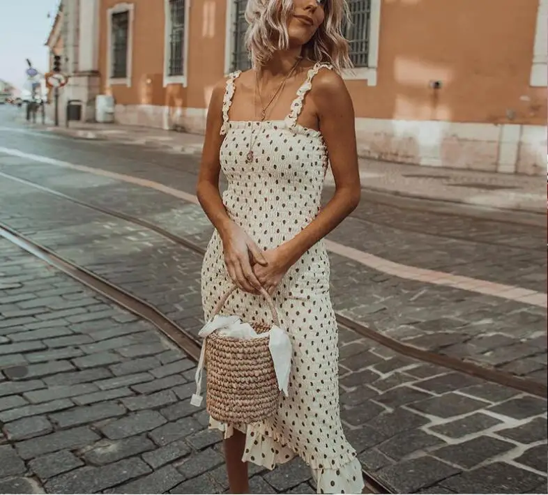 French Style Wave Point Dress Women Casual Retro Ruffle Slim Wave Point High Waist Spaghetti Strap Dress