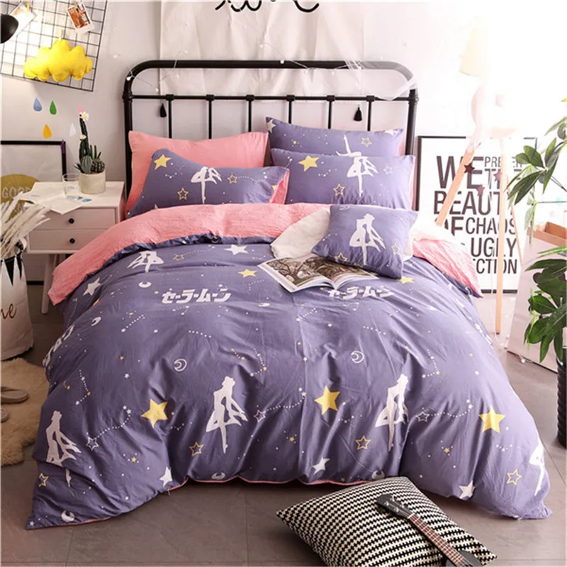 

Fashion Purple + White Cartoon Pattern Polyester Soft Bedding Set 4pc/ 3pc Duvet Cover +Sheet+Pillow Case Bedlinen King Size