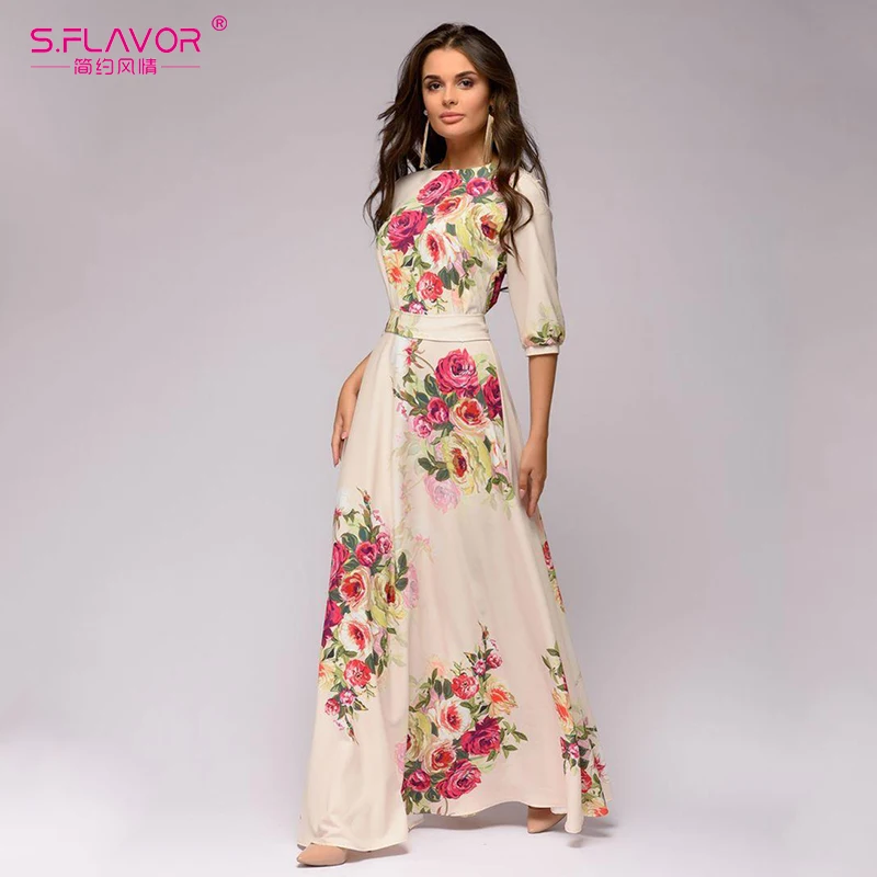 

S.FLAVOR Autumn Winter vestidos de festa Hot sale O-neck half lantern sleeve long dress for female Elegant Bohemian women dress