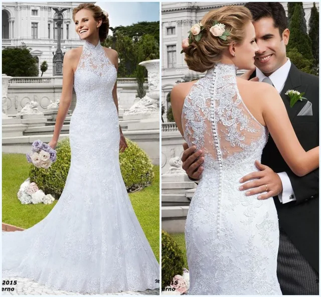 

Vestido De Noiva De Renda 2019 New Romantic High Neck Appliques Lace Mermaid Wedding Dresses Court Train Casamento Bride Dress
