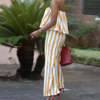 

Women Slash Neck Backless Wide Leg Jumpsuits Casual Sexy Sleeveless Hollow Out Ruffle Striped Rompers Summer Loose Overalls