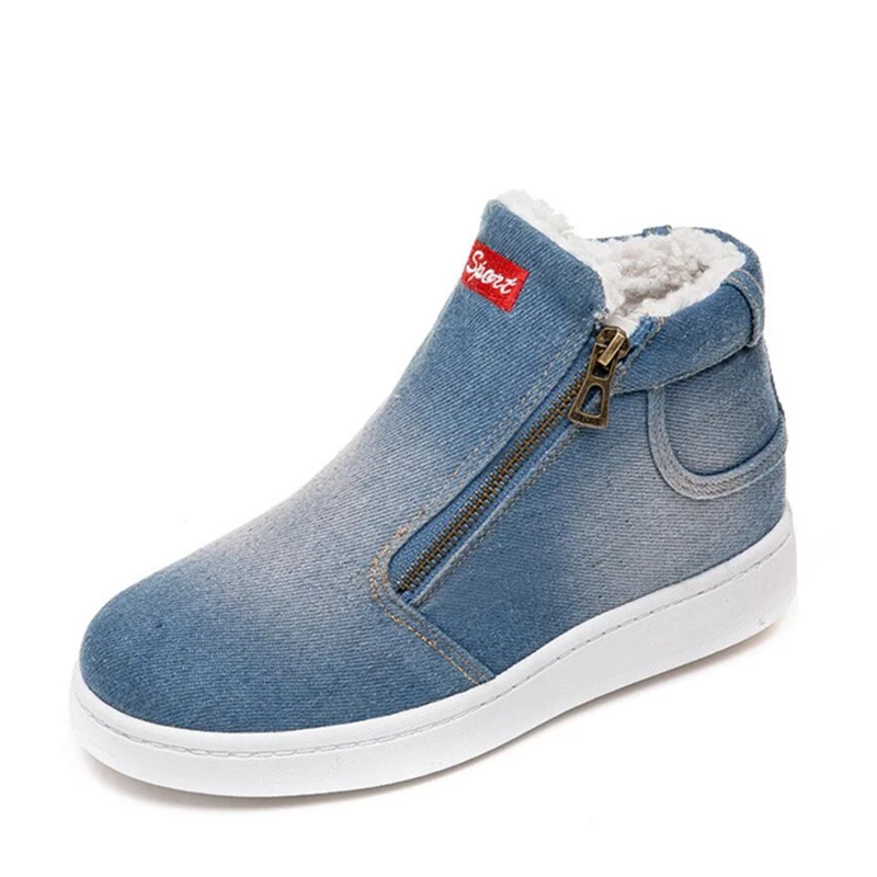 

New Fashion Winter Women's Denim Snow Boots Super Warm Comfortable Cotton Flat Shoes Female Double Zip Thickening Martin Boots