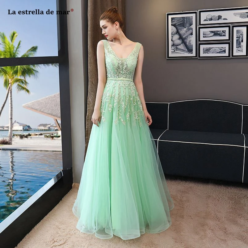 Vestidos de festa vestido longo para casamento2018 новые кружевные сексуальные с v-образным вырезом сзади открытые линии Мятные зеленые платья для подружки невесты дешево