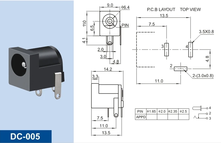 100 шт. DC-005 черный 5,5 х 2,1 мм 3pin DIP DC Универсальный Питание разъем DC005 5,5-2,1 мм; панель разъем