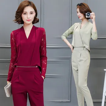

2018 Autumn Women V Neck Lace Jumpsuits Elegant Ladies Green Red Black Party Long Pant Jumpsuit