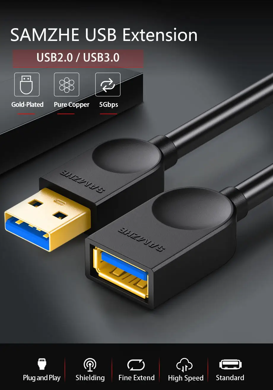 SAMZHE удлинитель USB 3,0/2,0 плоский Удлинительный Кабель AM/AF 0,5 m/1 m/1,5 m/2 m/3 m для PC tv PS4 компьютерный удлинитель для ноутбука