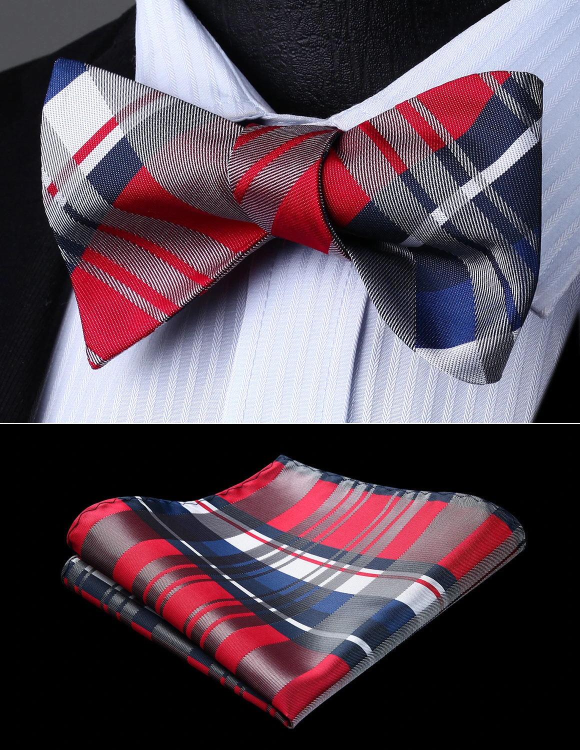 Bow Tie handkerchief set Men Woven Party Wedding Red Gray Blue White