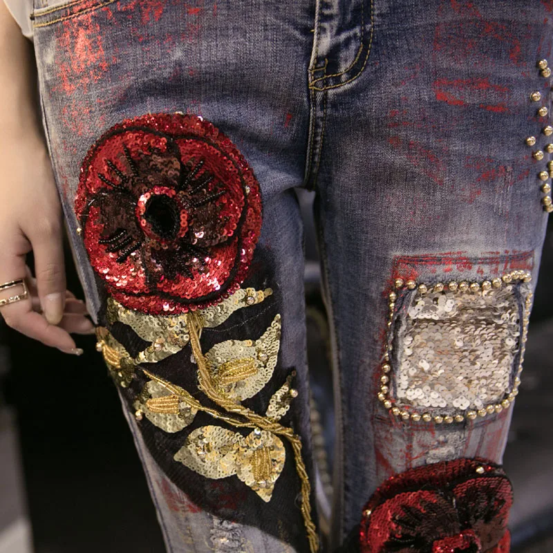 Vaqueros Cuentas Dorado Lentejuelas Etiqueta Mezclilla Blue Vaquero Mujer Primavera Light Pantalones Agujero Calle De Alta Pesado Otoño 5gnwR