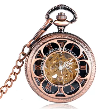 

Stylish Rose Gold Hollow Floral Mechanical Pocket Watch Fob Chain Roman Numerals Automatic Self-Wind Pendant Gift for Men Women