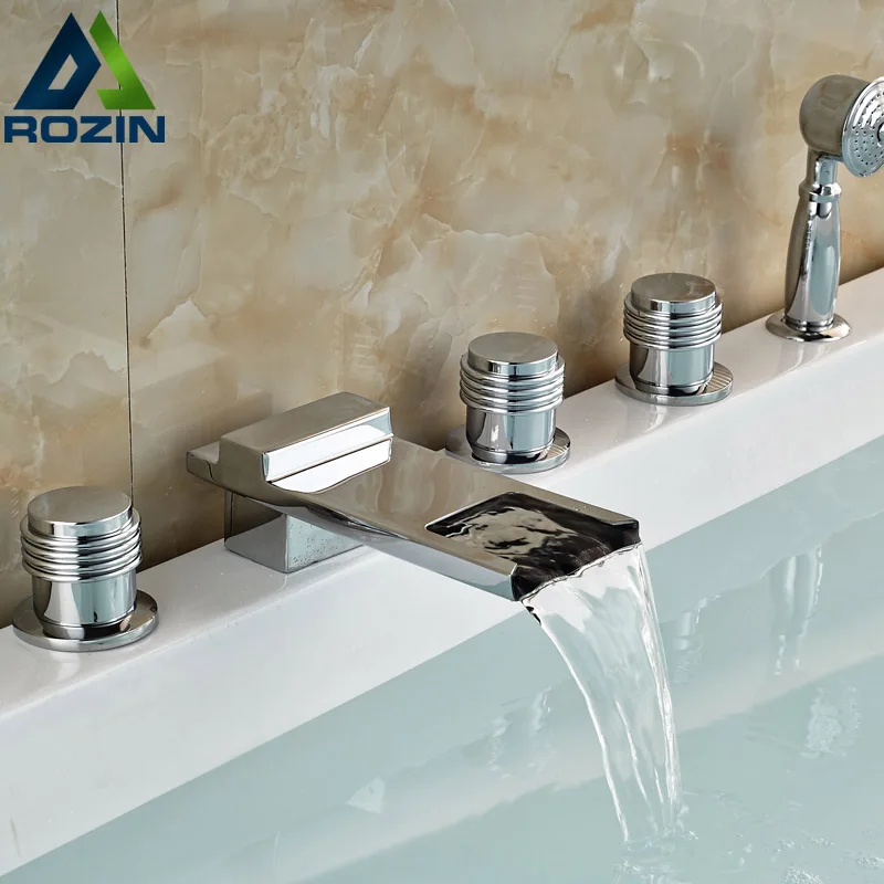 Bright Chrome Deck Mount Three Handles Waterfall Tub Faucet Widespread 5pcs Bathroom Bathtub Taps